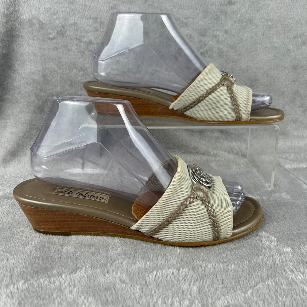 Brighton Womens Tan Mesh Metallic Leather Medallion Wedge Slide Sandals Size 8